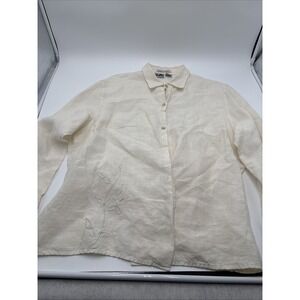 Edward Woman 100% Irish Linen Women's Blouse‎ Size 1X Ivory Button Up Hong Kong